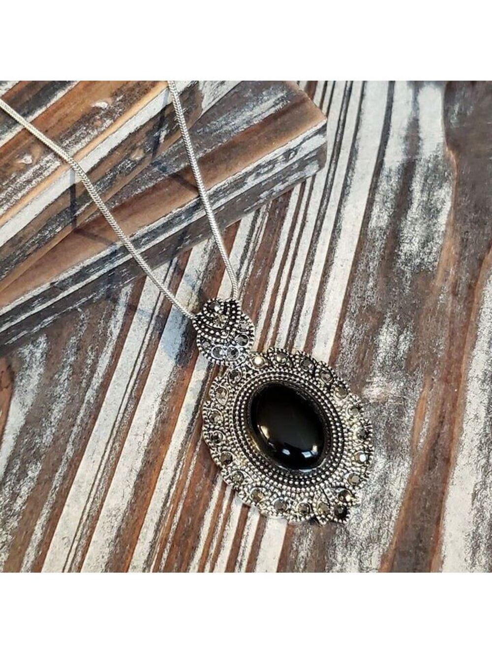Victorian Style Necklace Silver Black Onyx Gemstone